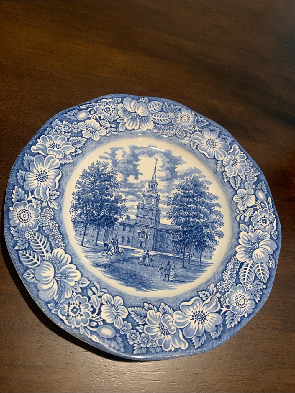 Blue Transferware Dinner Plate with Scenic Center and Floral Border - Picture 2 of 9